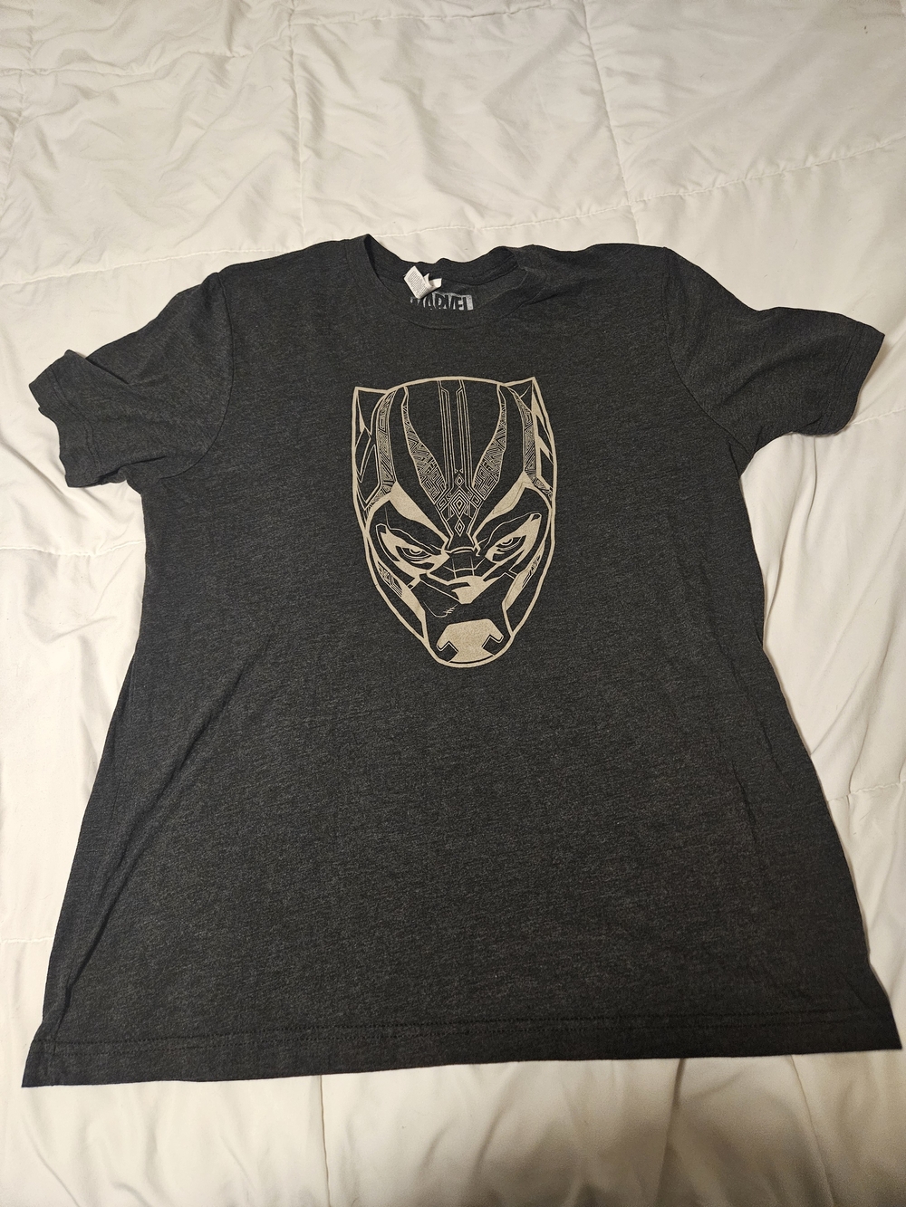 Marvel Men's Dark Gray Short-Sleeve Tee with Beige Black Panther Graphic